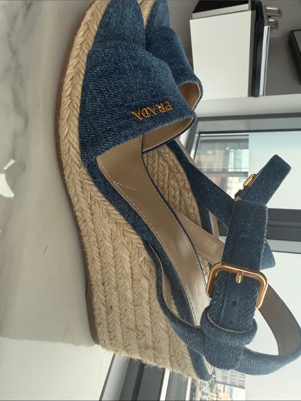 Prada Denim Wedge Sandal - with Gold Logo - Picture 3 of 6